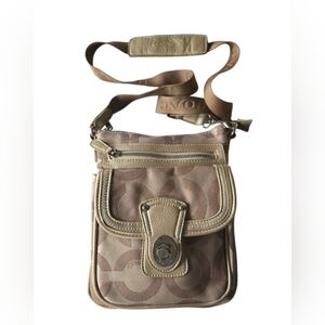 Coach Signature Turn Key Beige and Brown Crossbody Bag